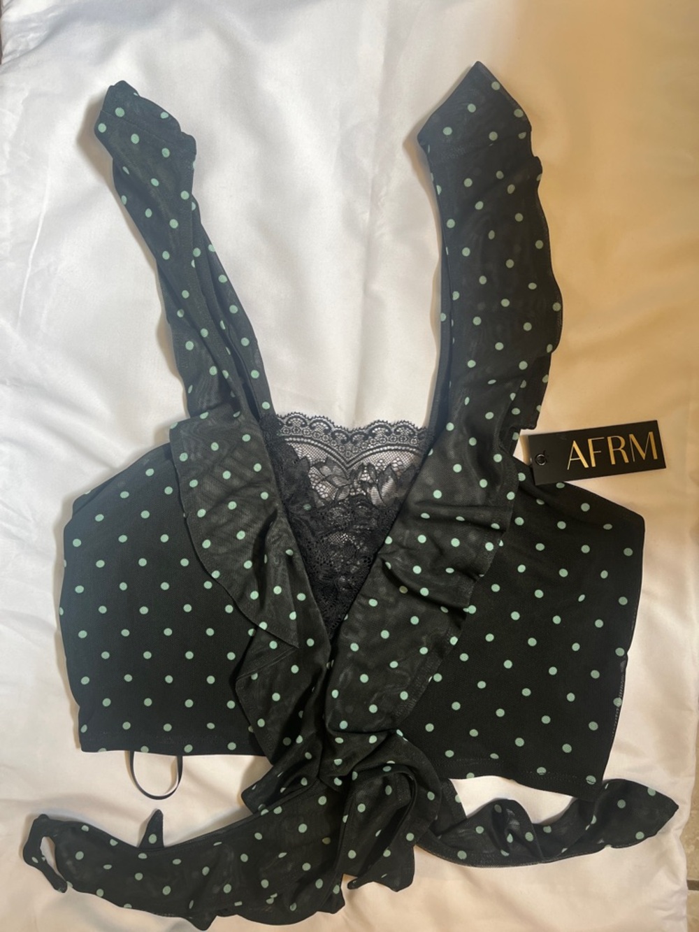 AFRM Black Bralette with Mint Green Polka Dots